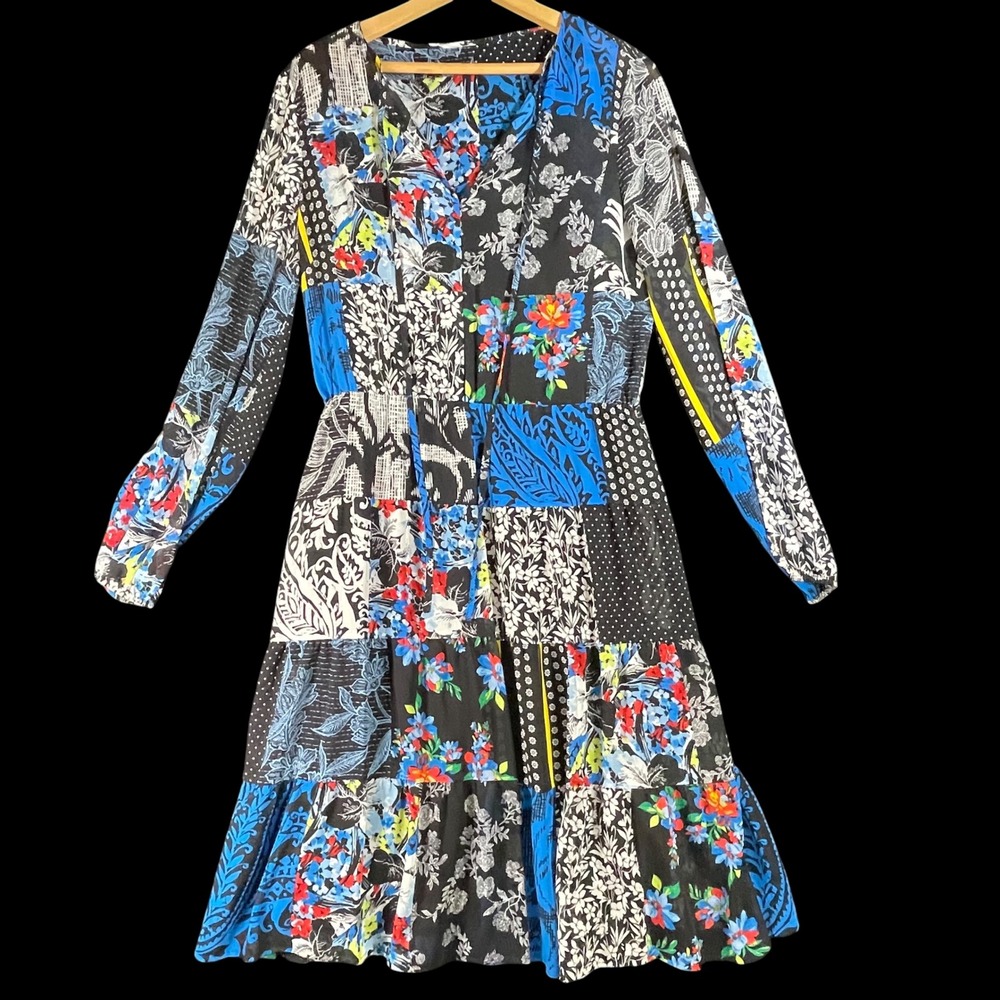 Ralph Lauren Patchwork Georgette Floral Midi Dress V-Neck Long Sleeve Blue Black